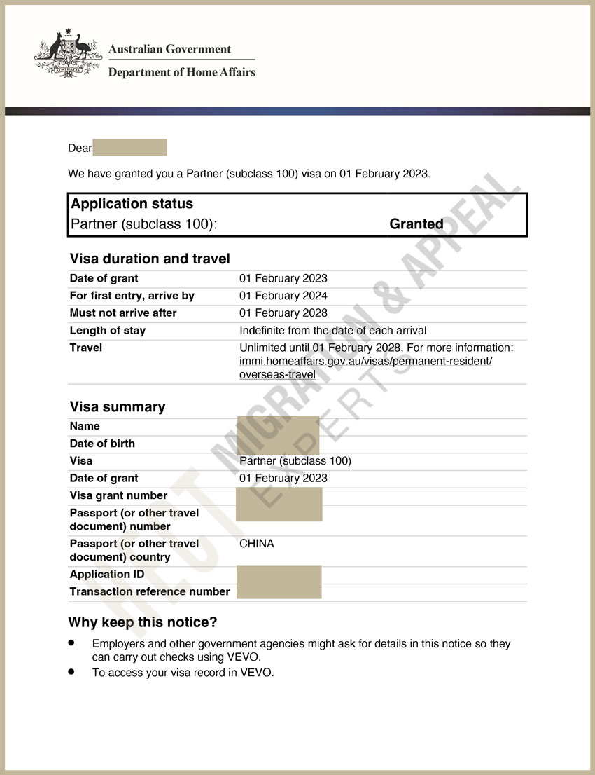 Partner Visa Successful Case 11 Subclass 309+100 Directly Granted Permanent Residency Visa